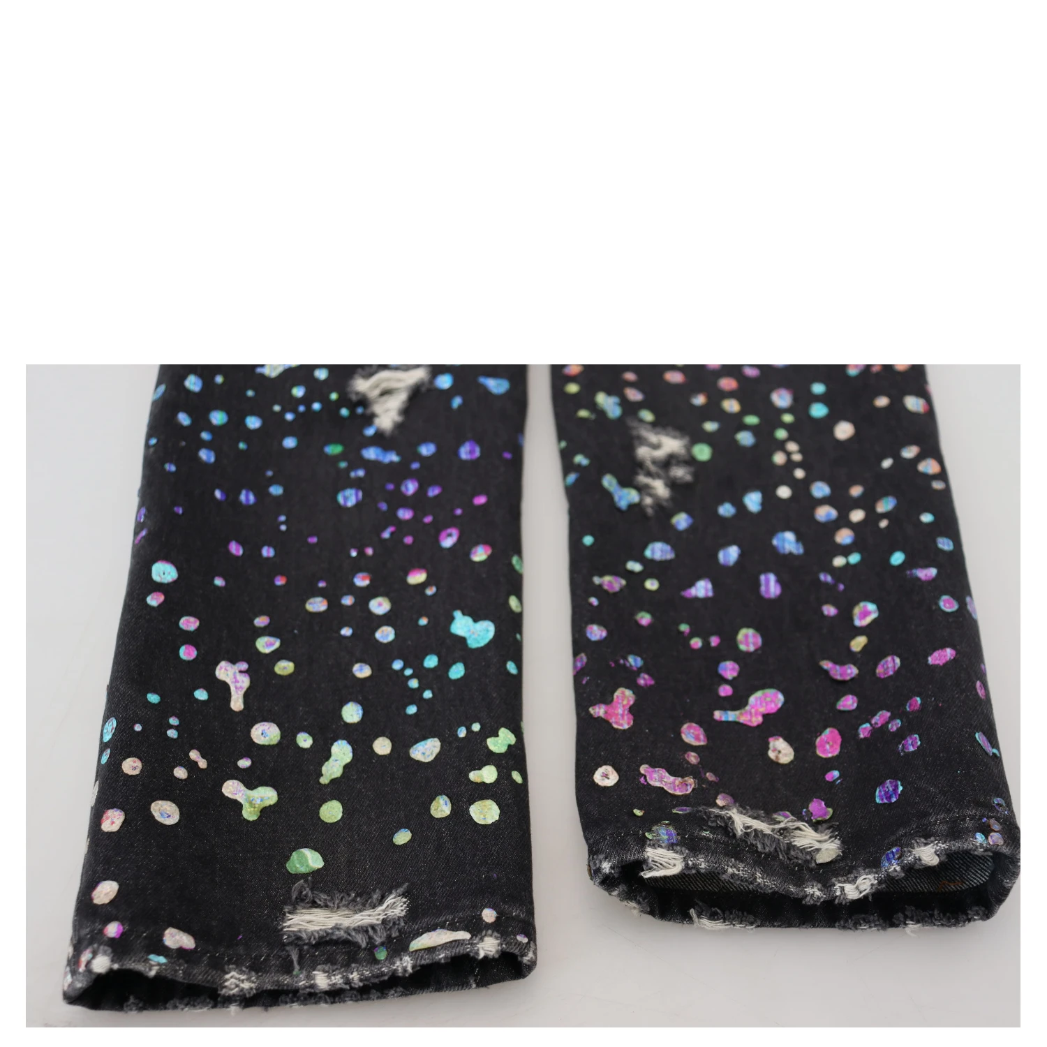 Black Multicolor Print Tattered Denim Jeans