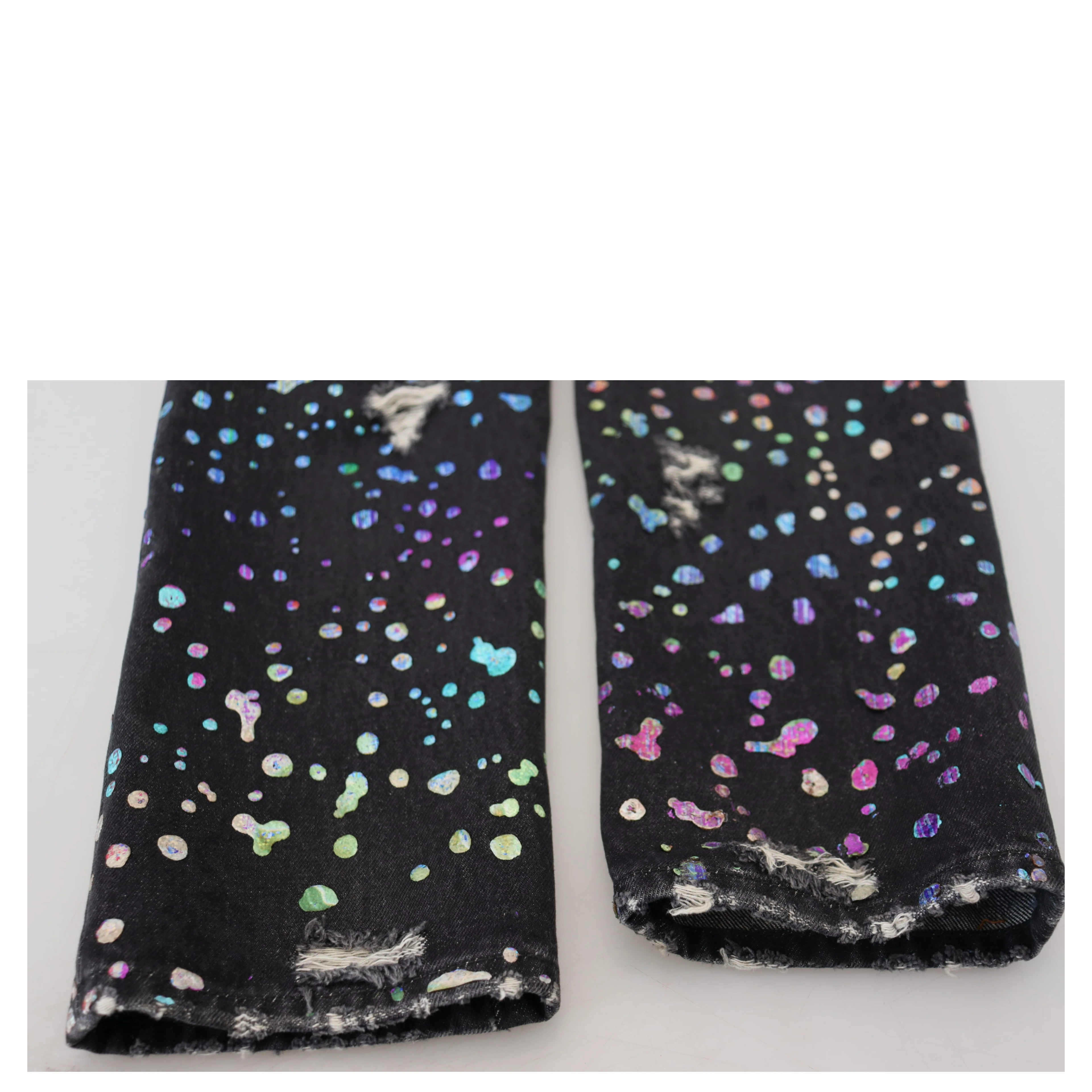 Black Multicolor Print Tattered Denim Jeans