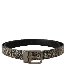 Black Marble Print Leather Silver Logo Buckle Belt