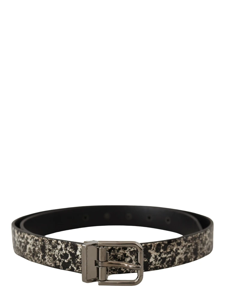 Black Marble Print Leather Silver Logo Buckle Belt