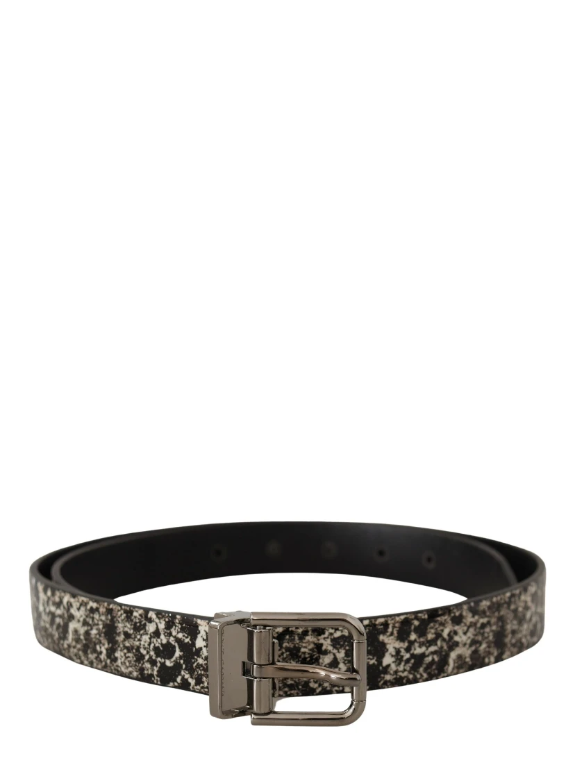Black Marble Print Leather Silver Logo Buckle Belt
