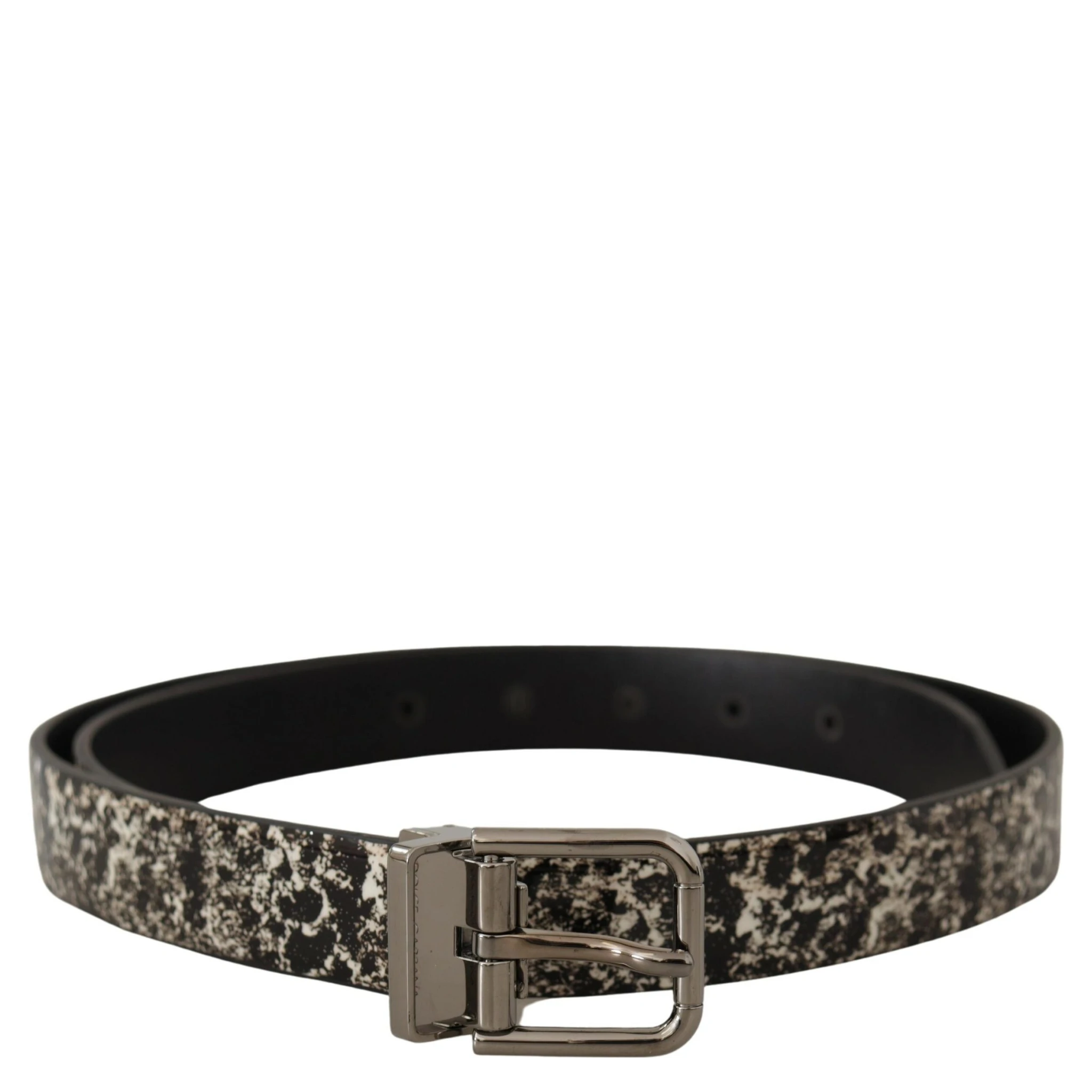 Black Marble Print Leather Silver Logo Buckle Belt