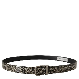 Black Marble Print Leather Silver Logo Buckle Belt