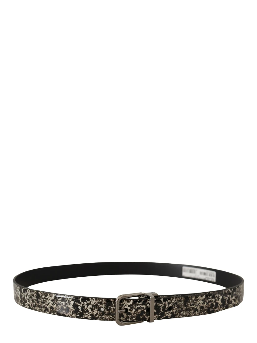 Black Marble Print Leather Silver Logo Buckle Belt