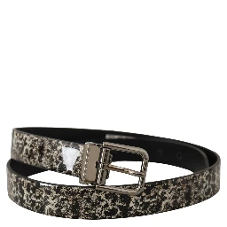 Black Marble Print Leather Silver Logo Buckle Belt