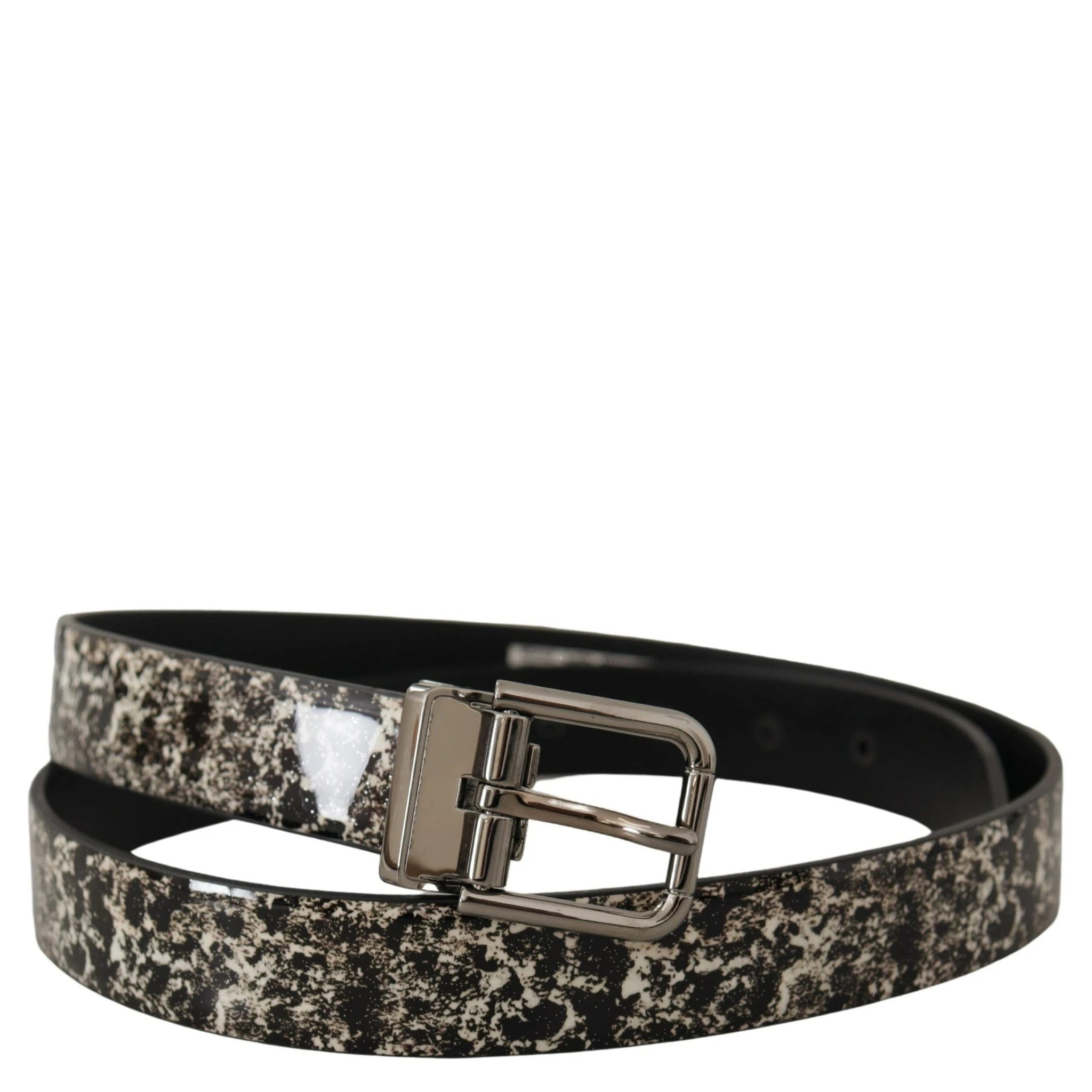 Black Marble Print Leather Silver Logo Buckle Belt