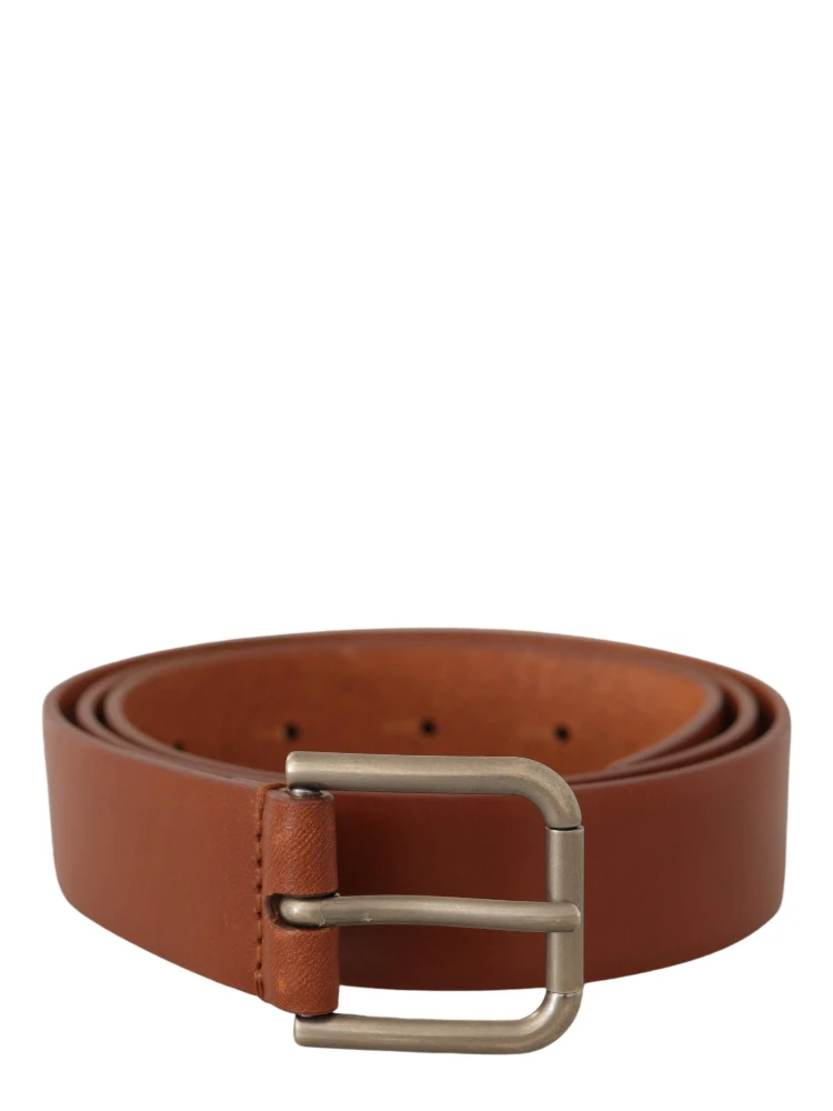 Brown Calf Leather Silver Tone Metal Buckle Belt