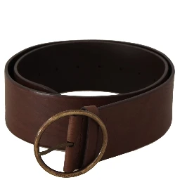 Brown Leather Wide Waist Logo Metal Round Buckle Belt