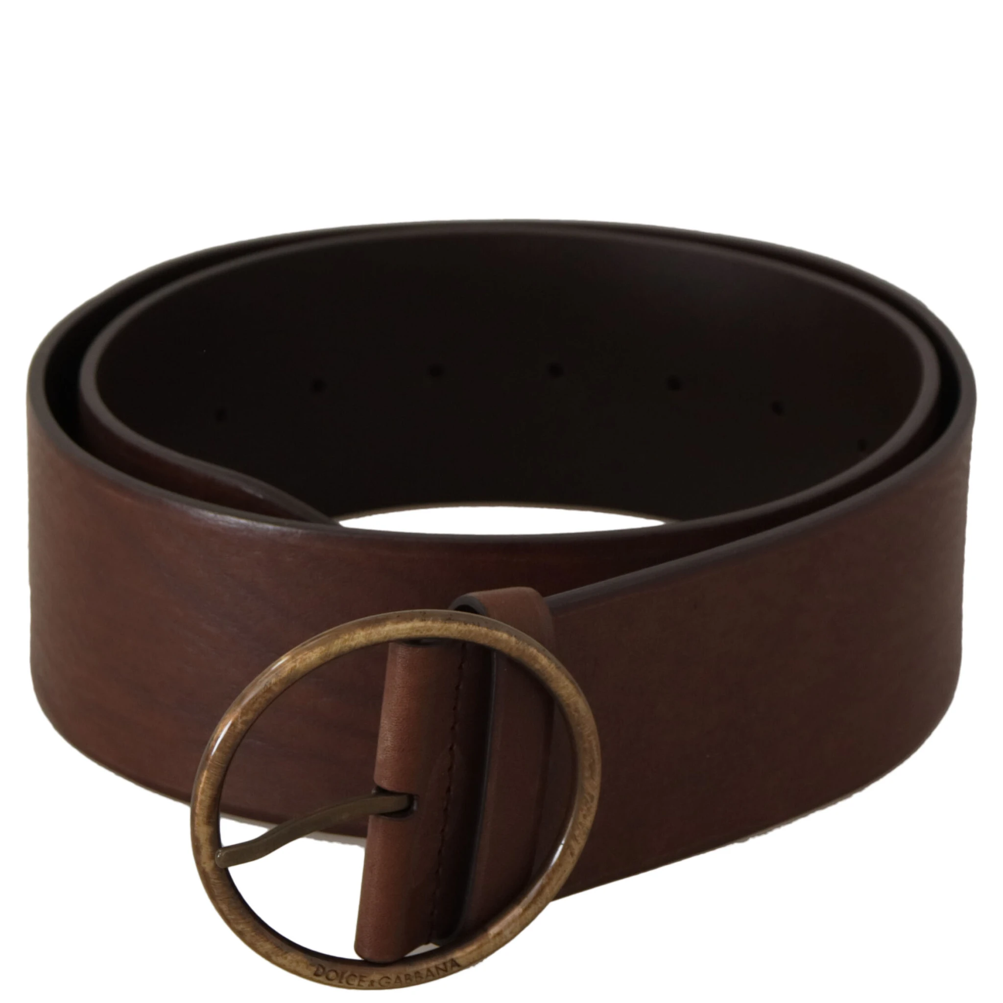 Brown Leather Wide Waist Logo Metal Round Buckle Belt
