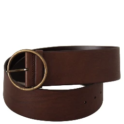 Brown Leather Wide Waist Logo Metal Round Buckle Belt