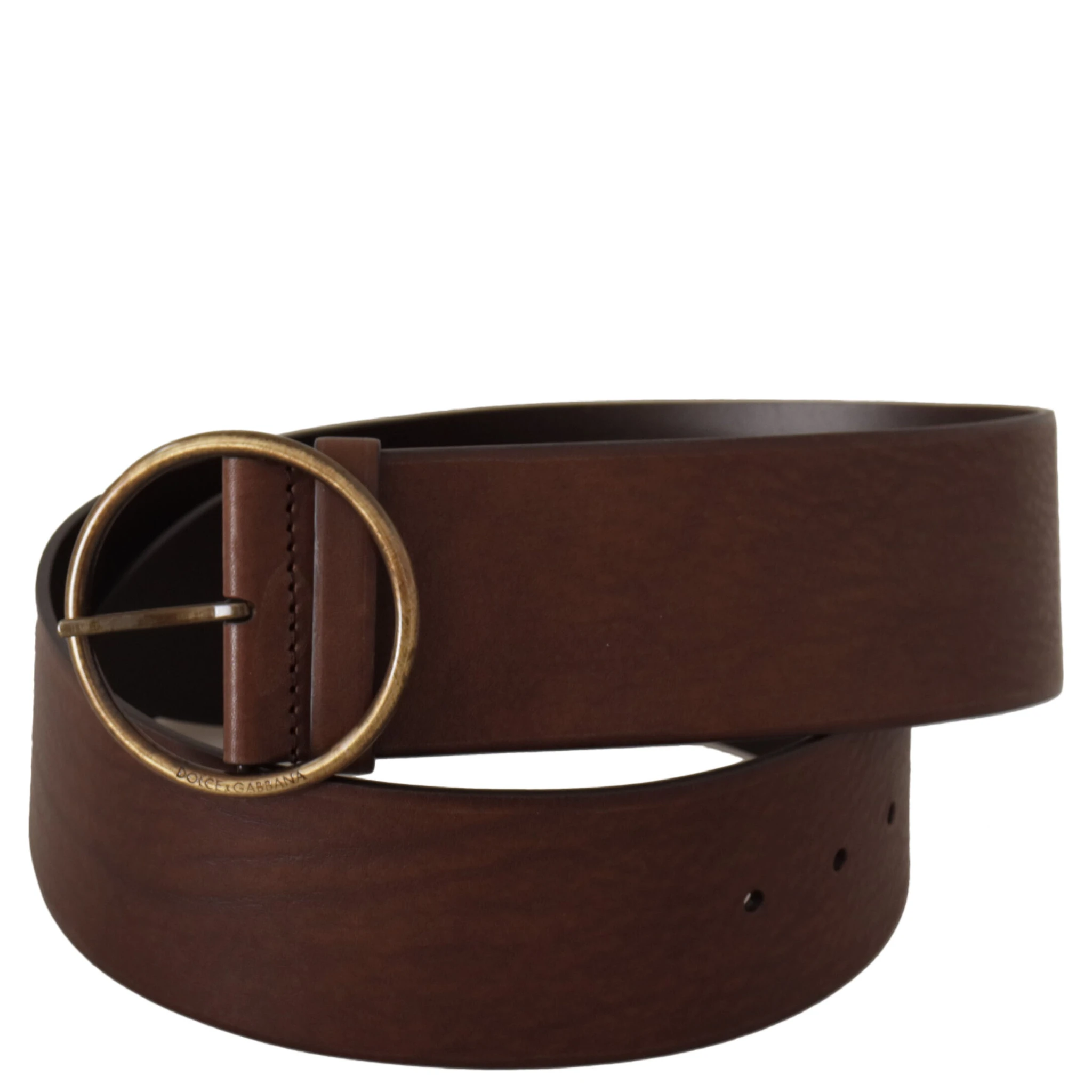 Brown Leather Wide Waist Logo Metal Round Buckle Belt