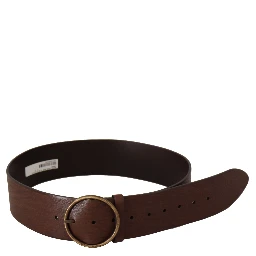 Brown Leather Wide Waist Logo Metal Round Buckle Belt