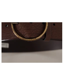 Brown Leather Wide Waist Logo Metal Round Buckle Belt