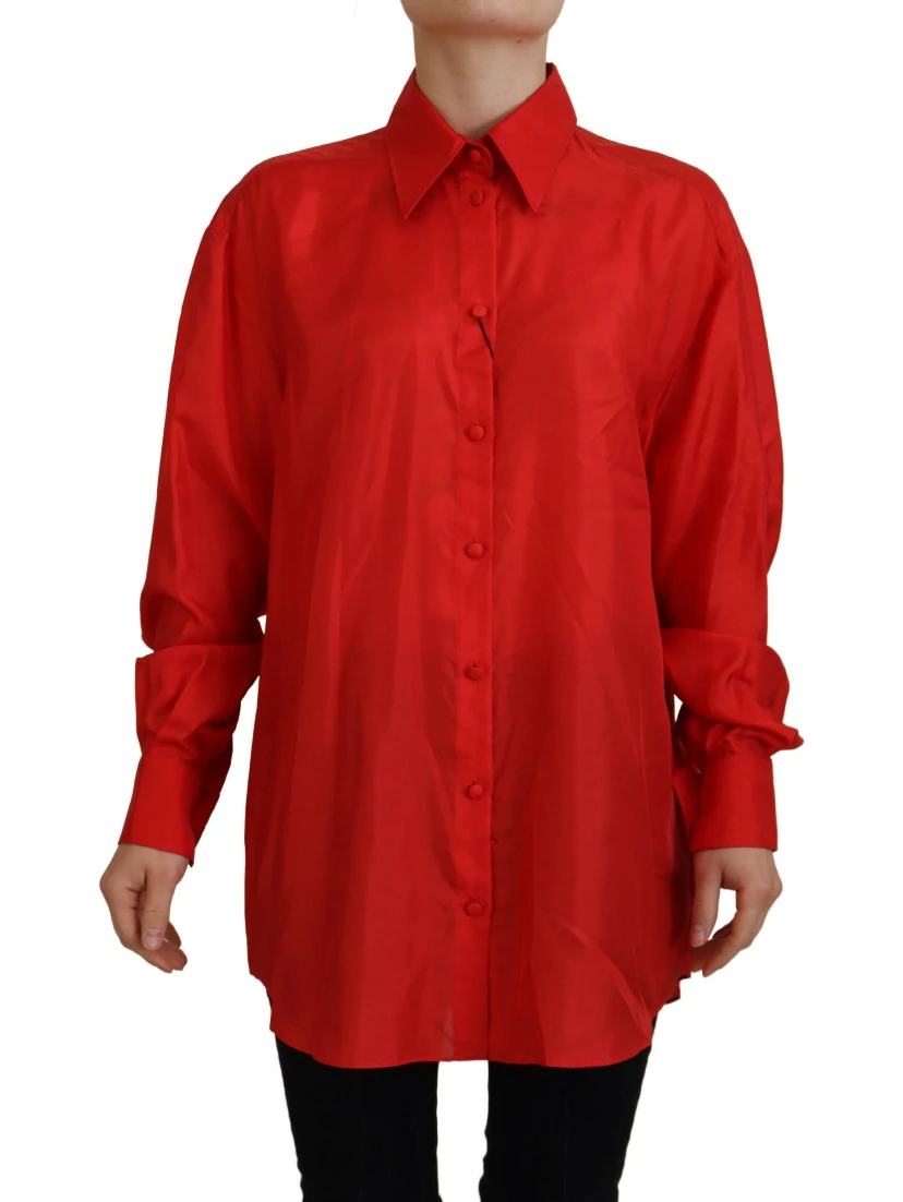 Red Silk Collared Long Sleeves Dress Shirt Top