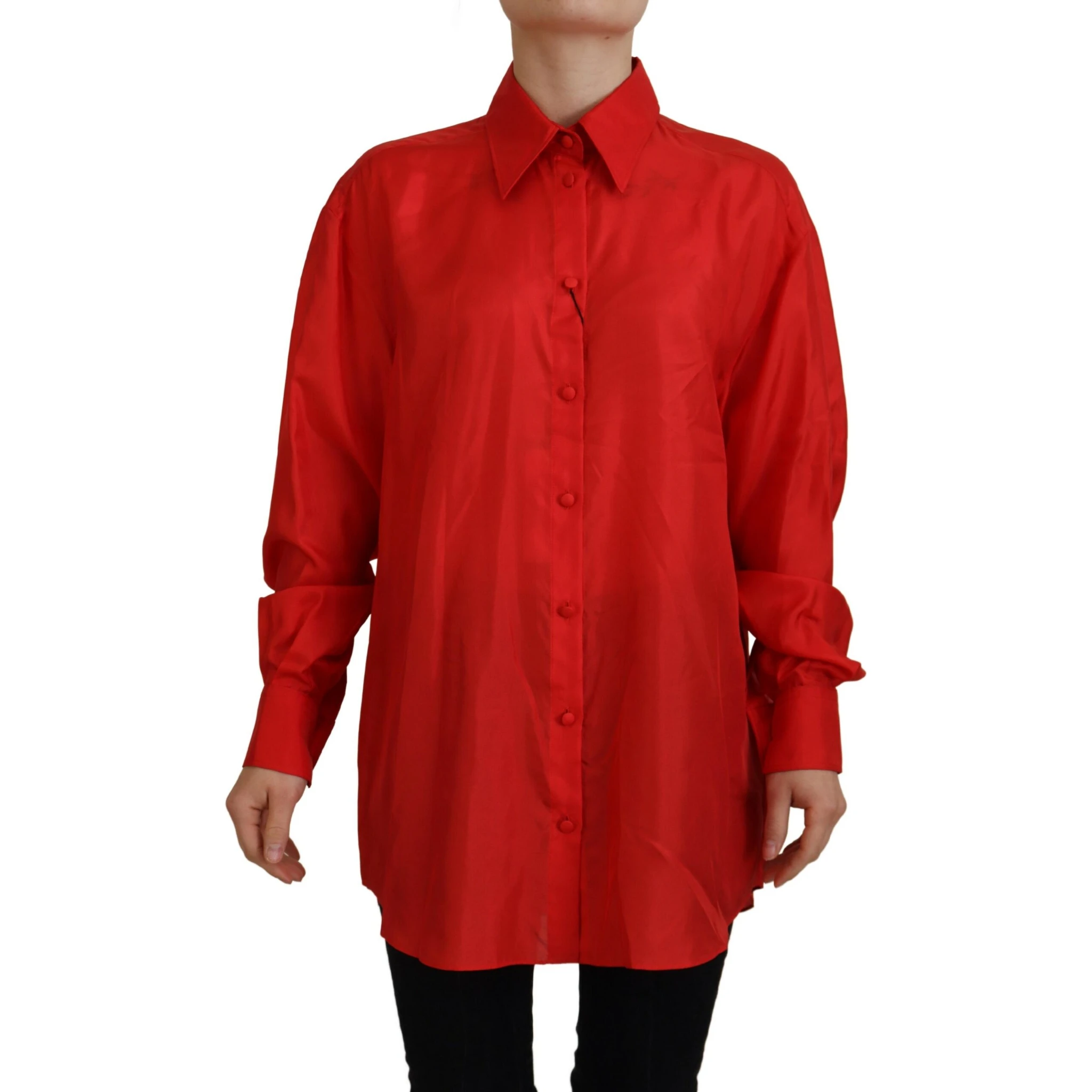 Red Silk Collared Long Sleeves Dress Shirt Top