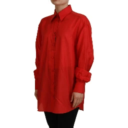 Red Silk Collared Long Sleeves Dress Shirt Top