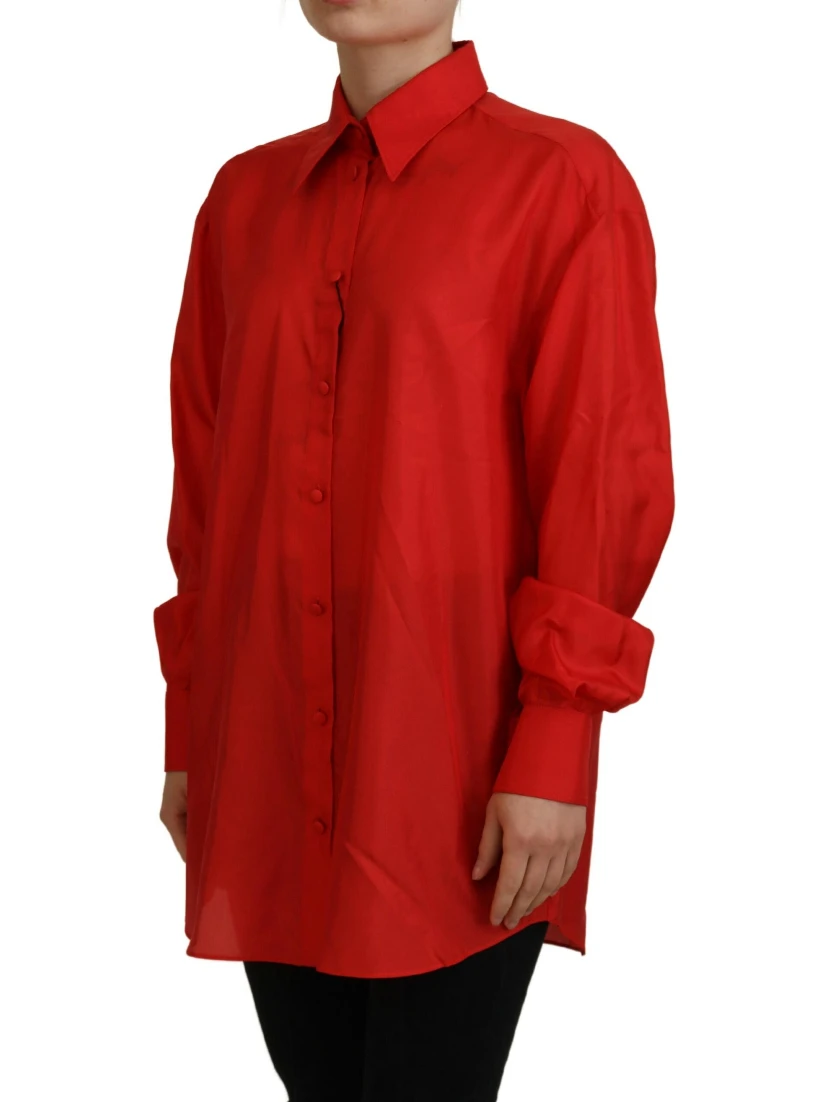 Red Silk Collared Long Sleeves Dress Shirt Top