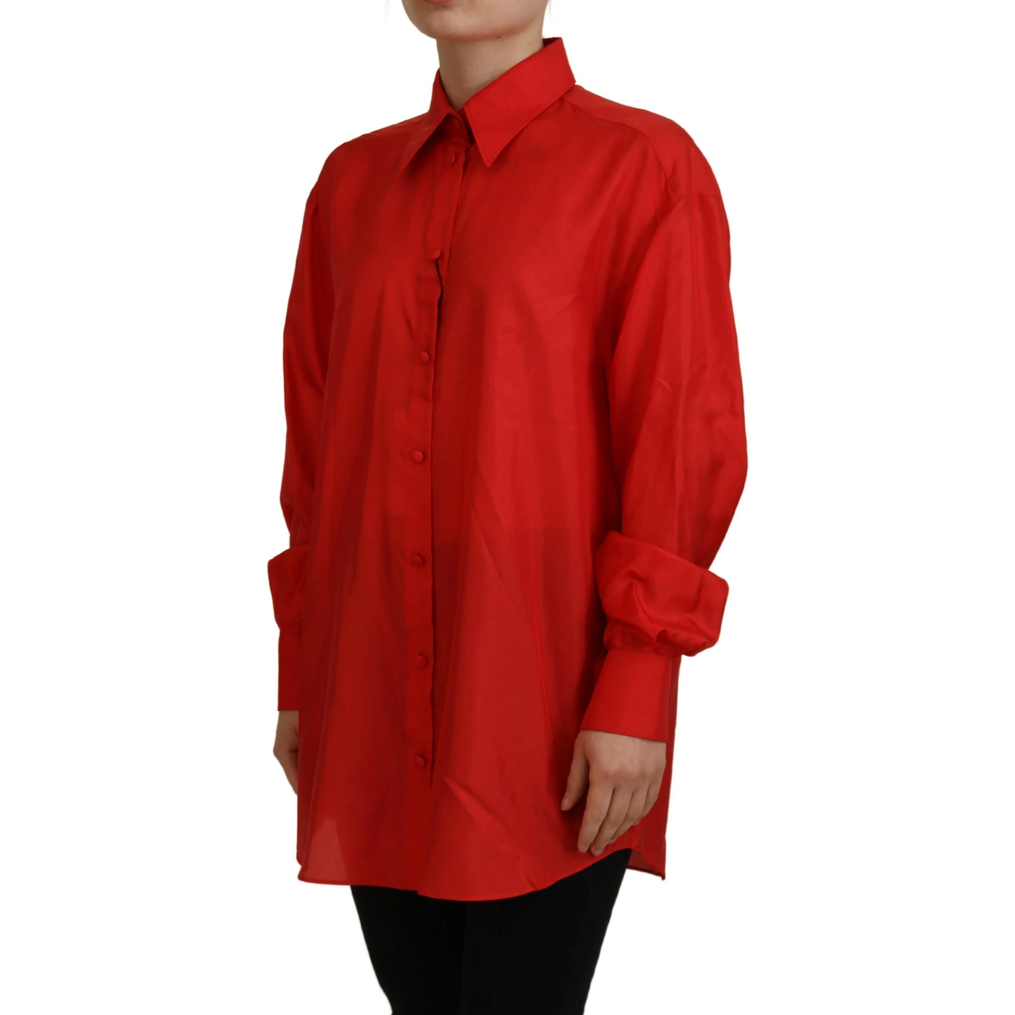 Red Silk Collared Long Sleeves Dress Shirt Top