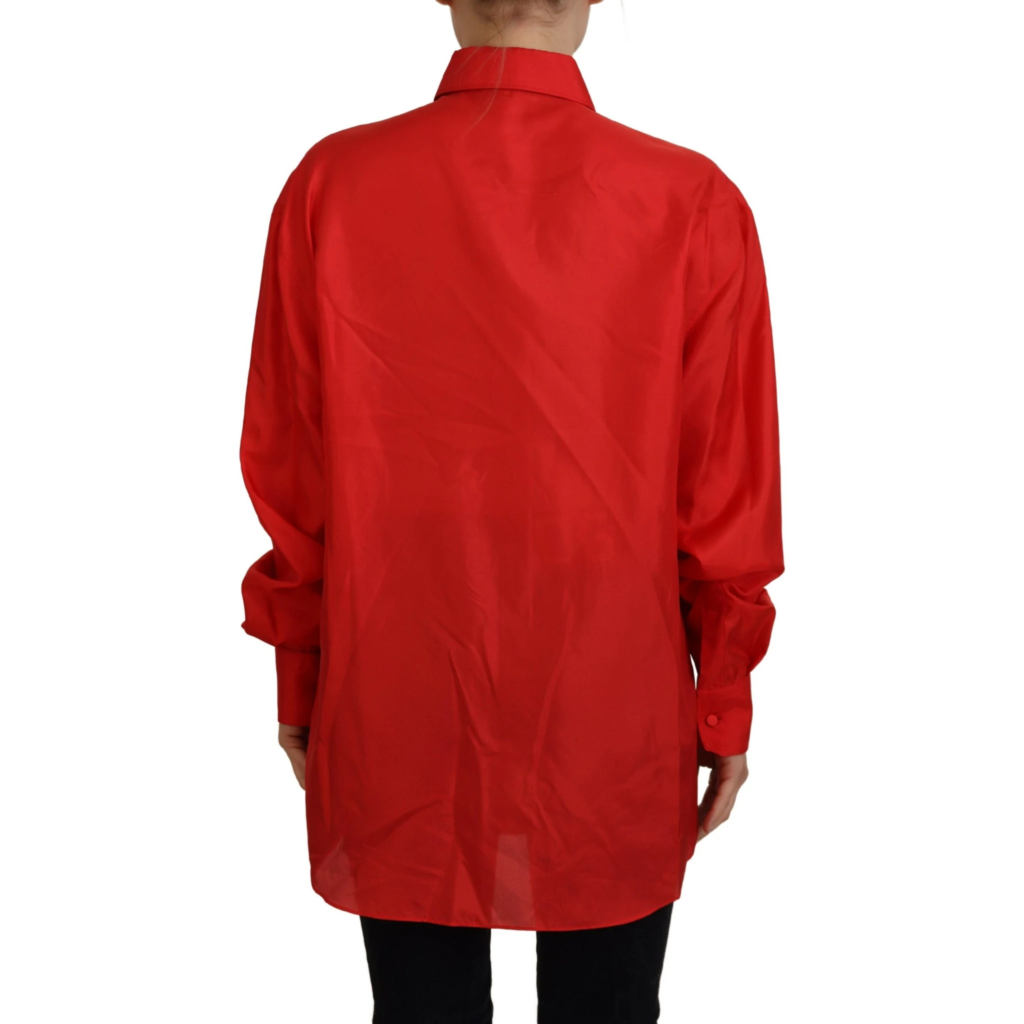 Red Silk Collared Long Sleeves Dress Shirt Top