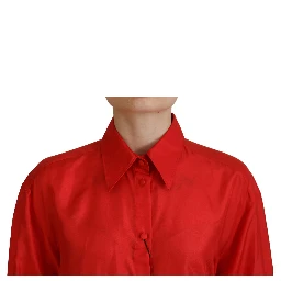Red Silk Collared Long Sleeves Dress Shirt Top