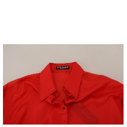 Red Silk Collared Long Sleeves Dress Shirt Top