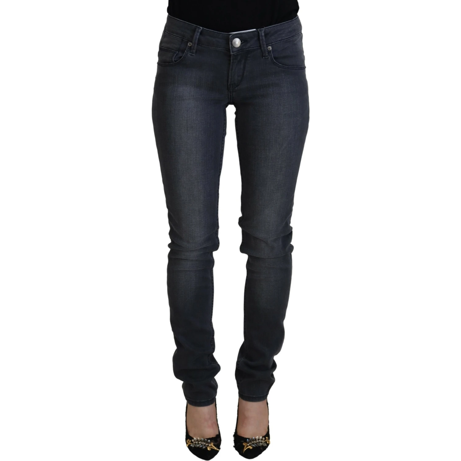Gray Cotton Skinny Low Waist Women Casual Denim Jeans