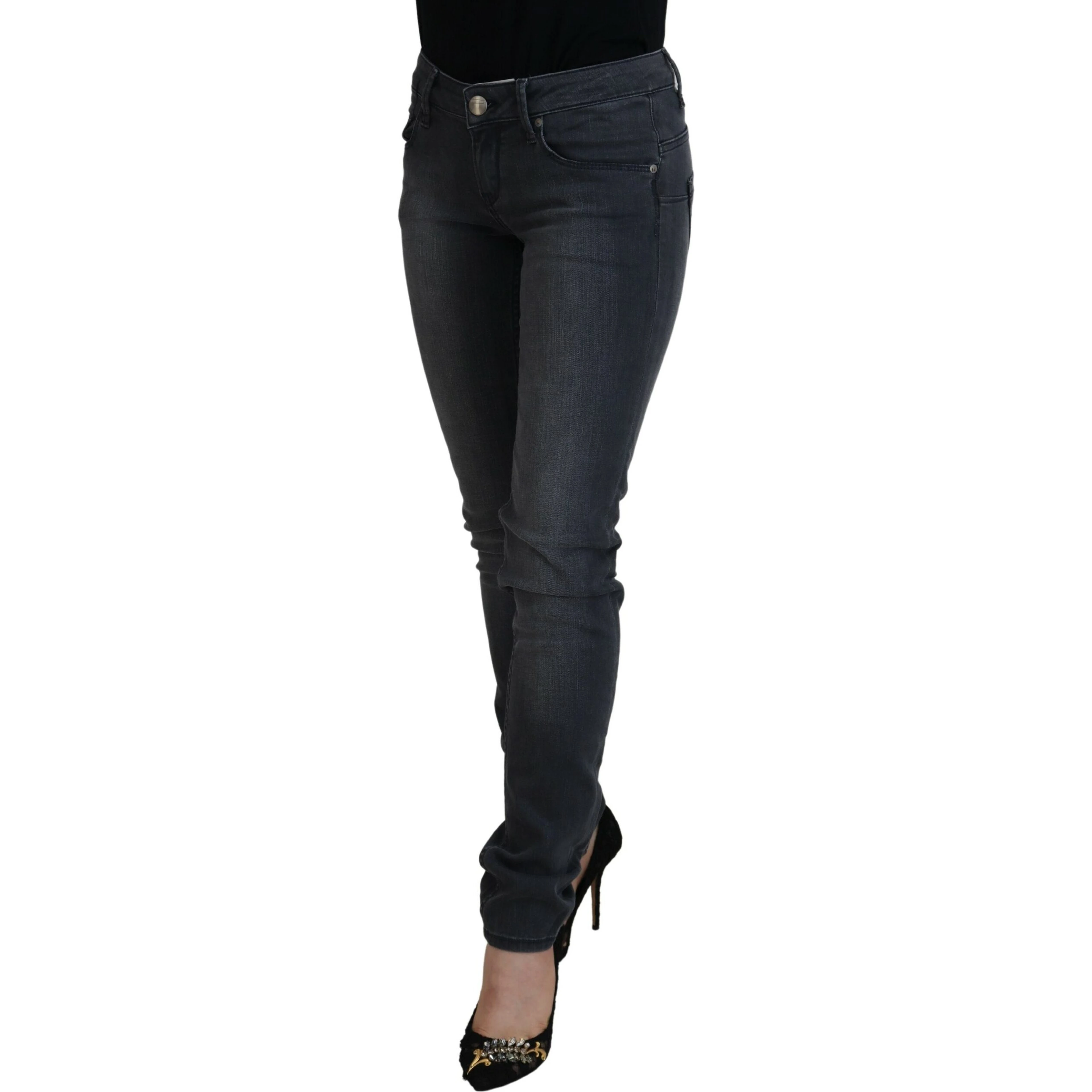 Gray Cotton Skinny Low Waist Women Casual Denim Jeans