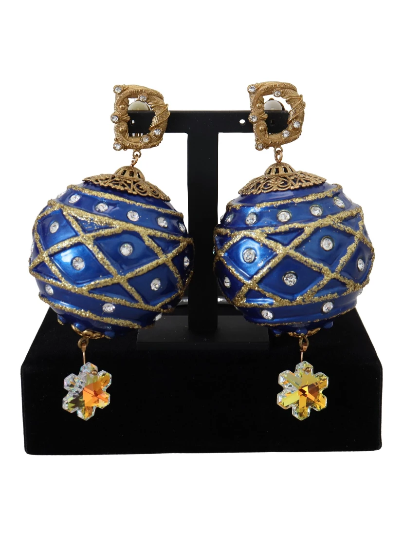 Gold Brass Blue Dangle Ball Crystal Clip On Earrings