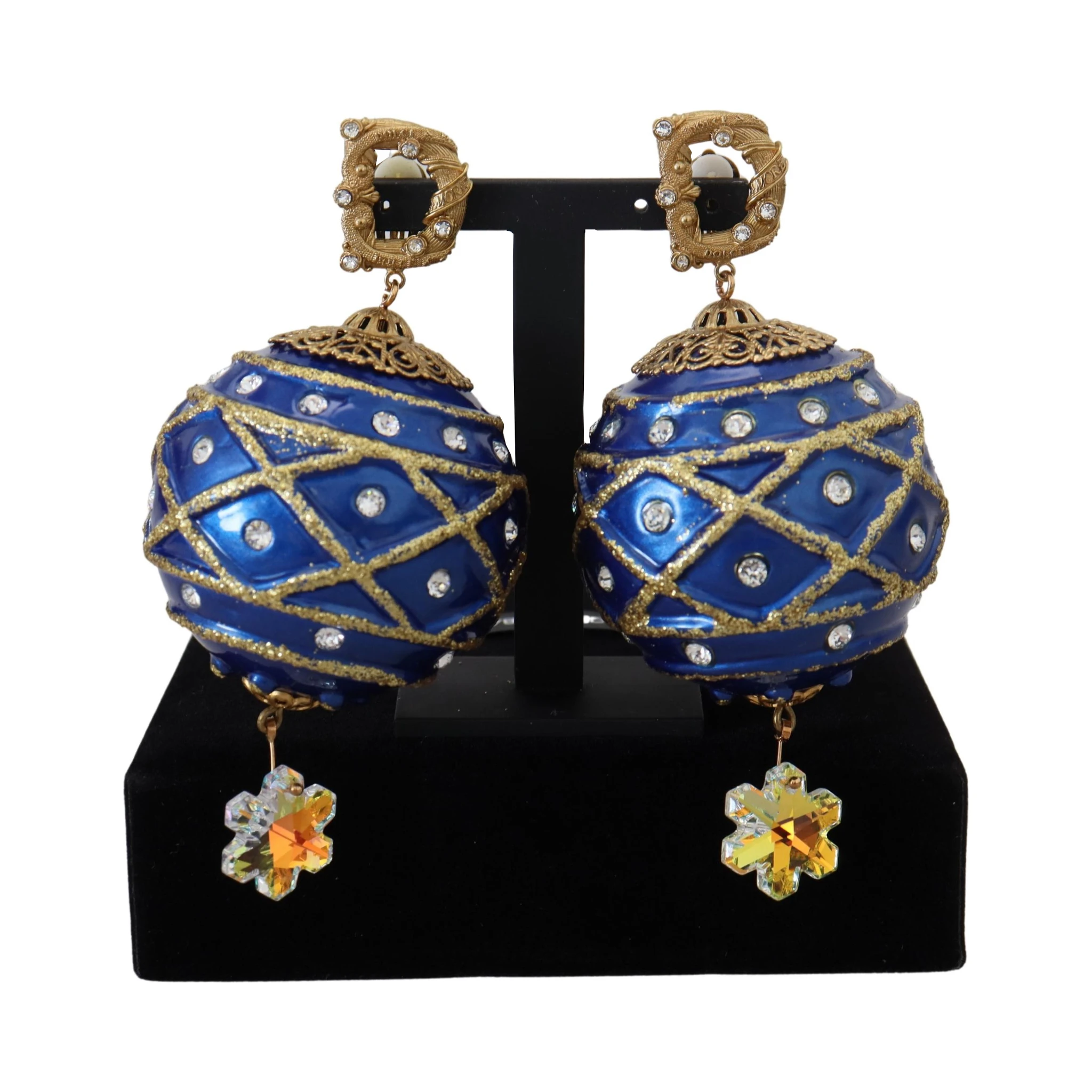 Gold Brass Blue Dangle Ball Crystal Clip On Earrings