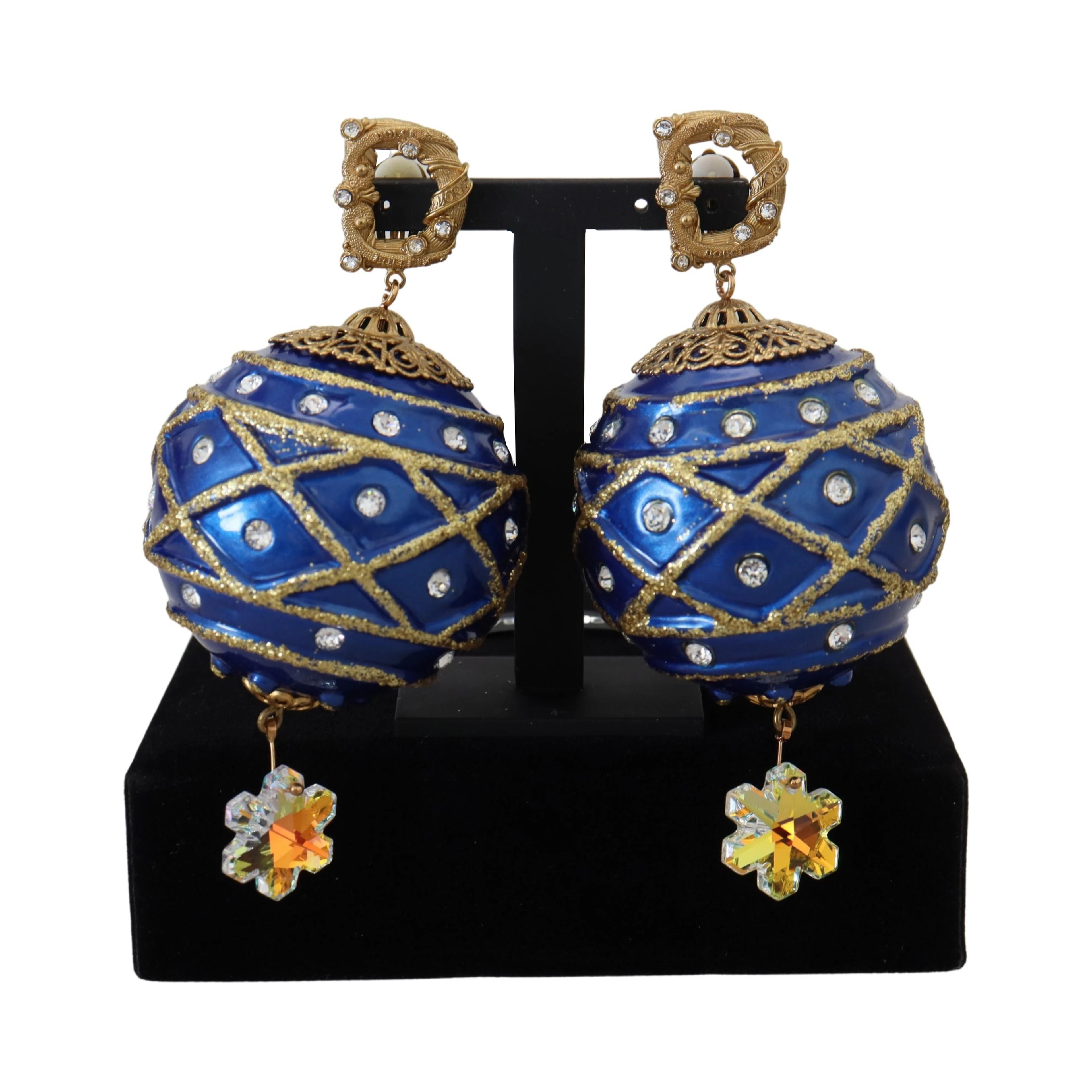 Gold Brass Blue Dangle Ball Crystal Clip On Earrings