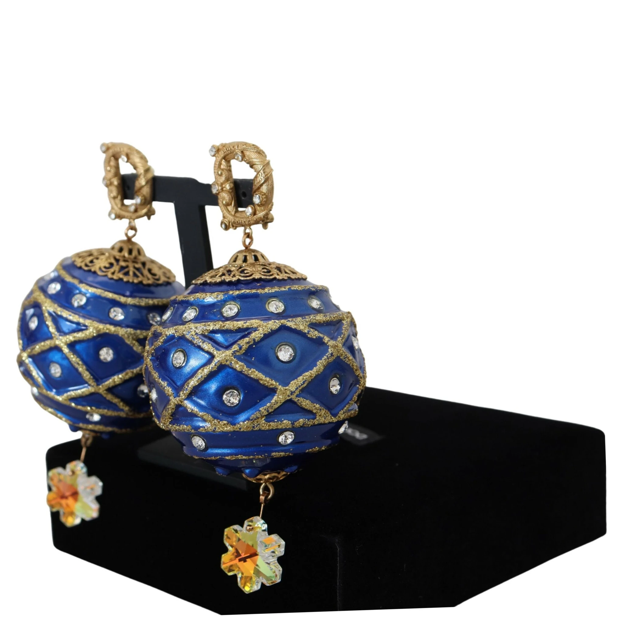 Gold Brass Blue Dangle Ball Crystal Clip On Earrings