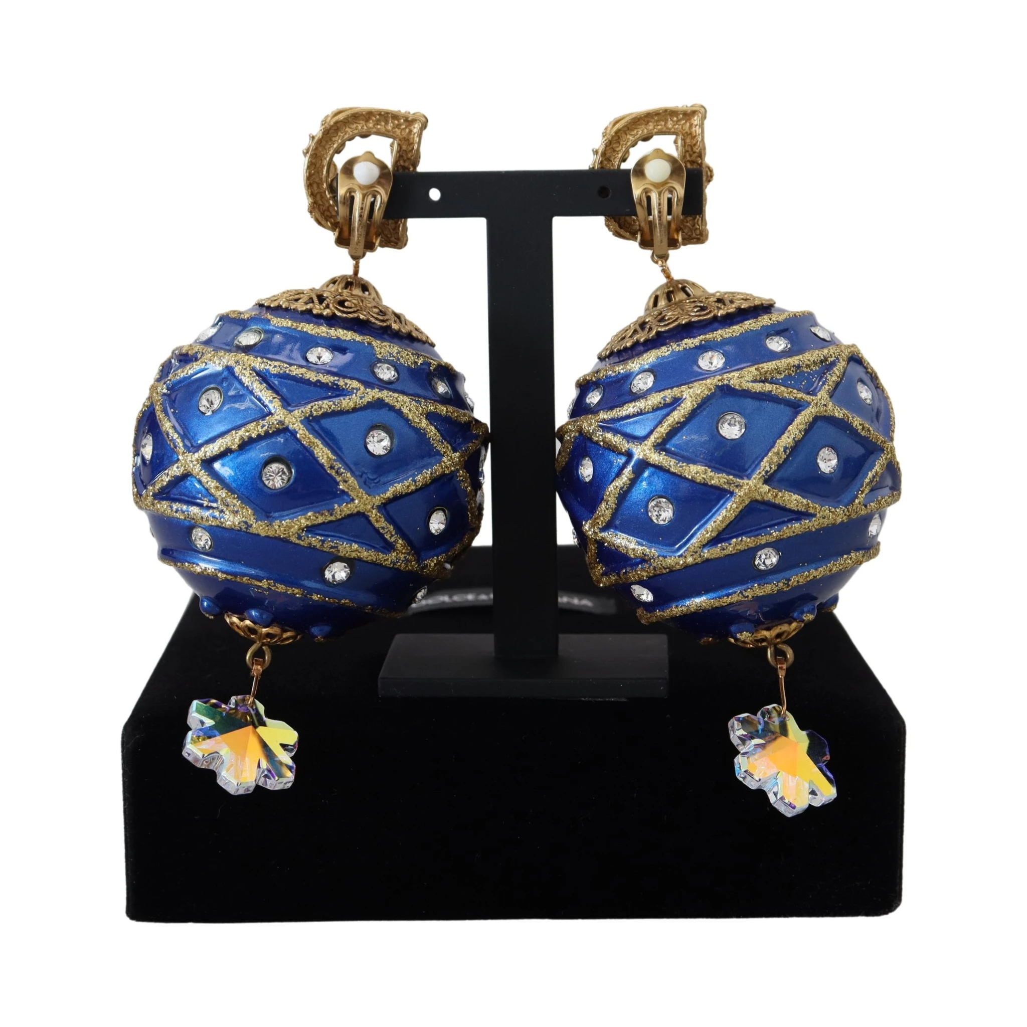 Gold Brass Blue Dangle Ball Crystal Clip On Earrings