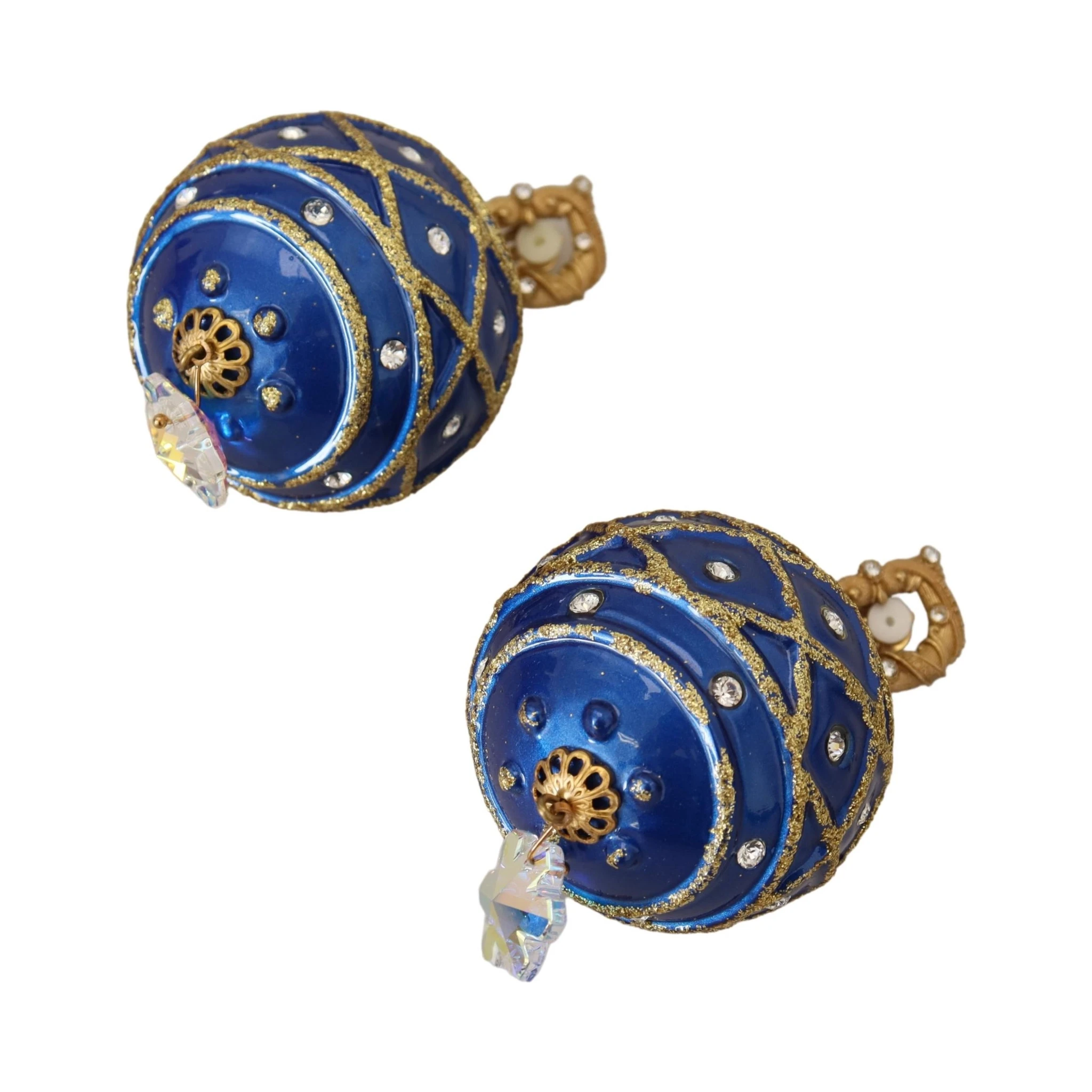 Gold Brass Blue Dangle Ball Crystal Clip On Earrings