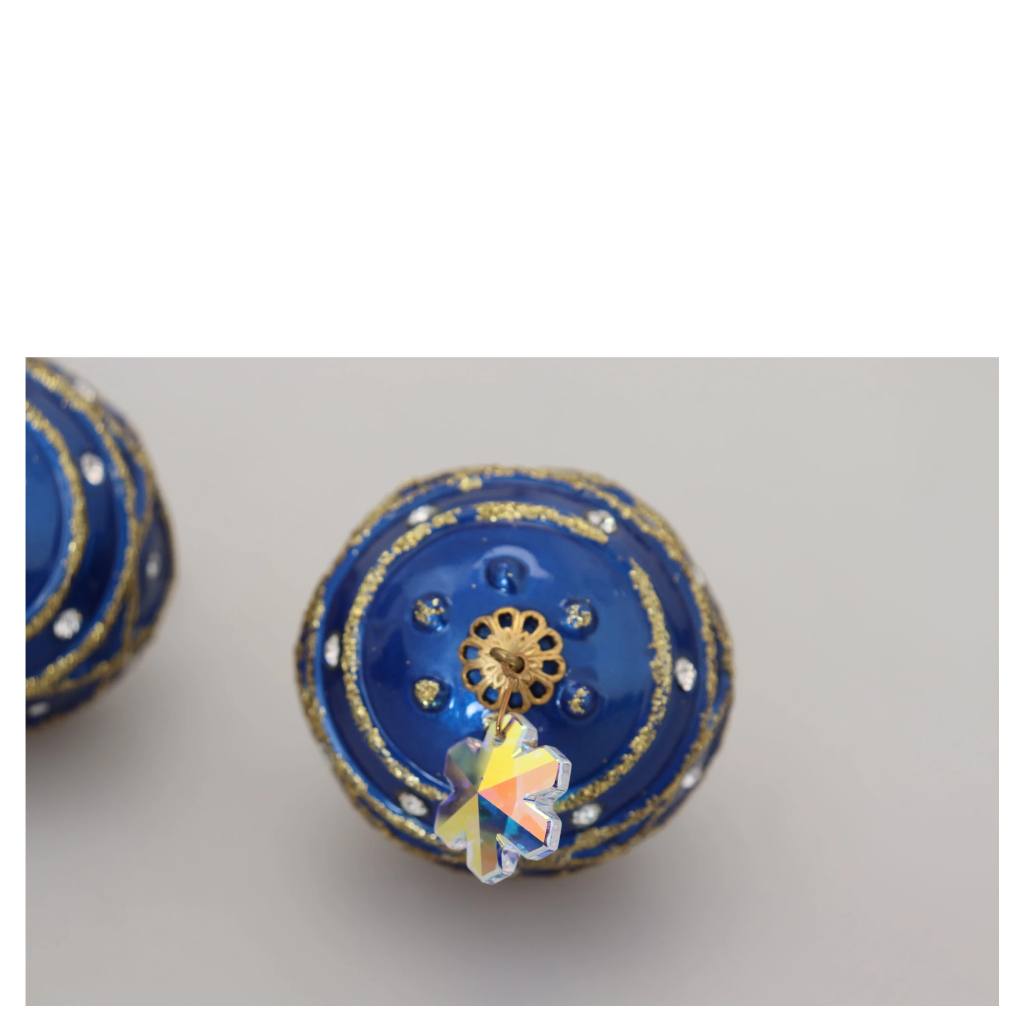 Gold Brass Blue Dangle Ball Crystal Clip On Earrings