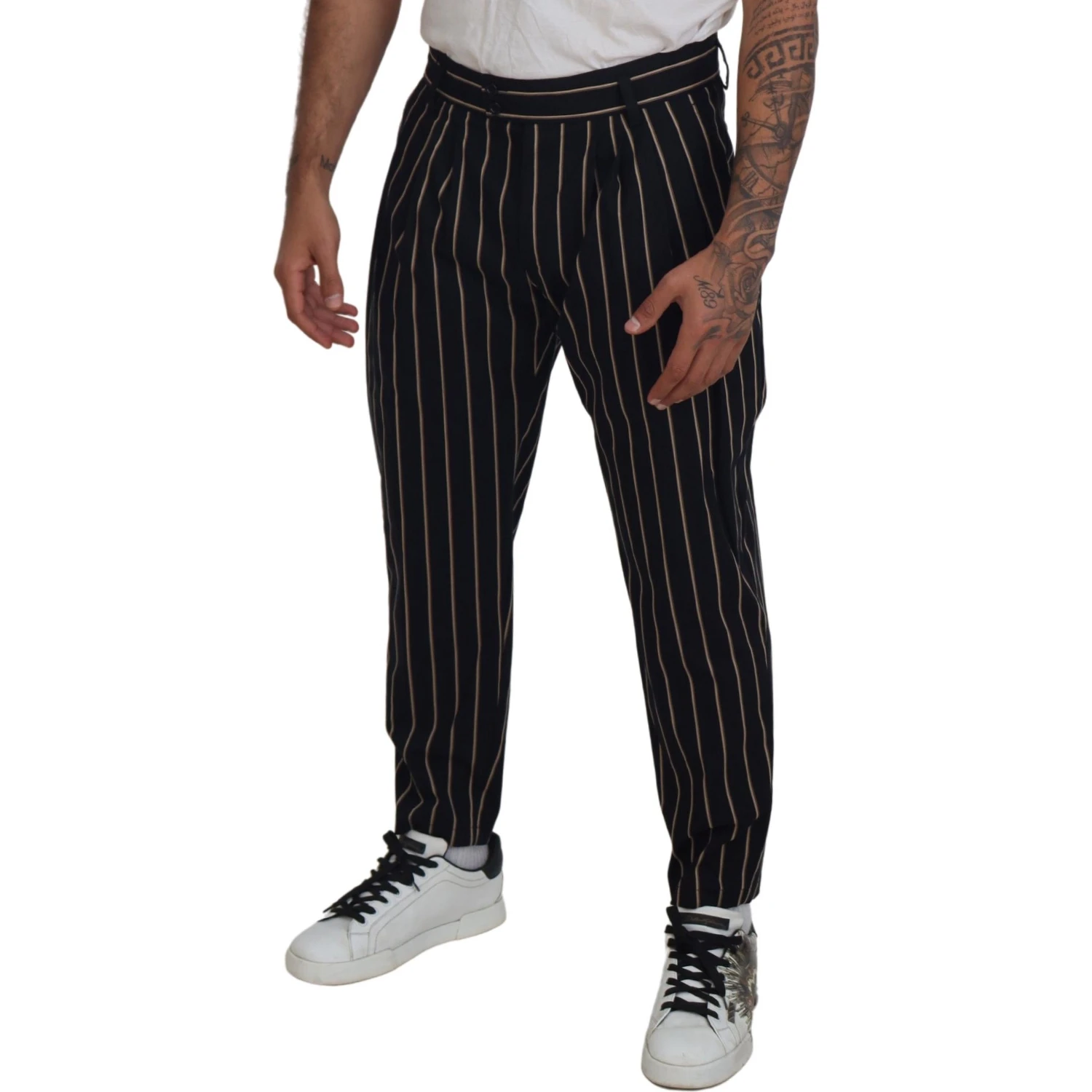 Black Beige Striped Cotton Stretch Pants