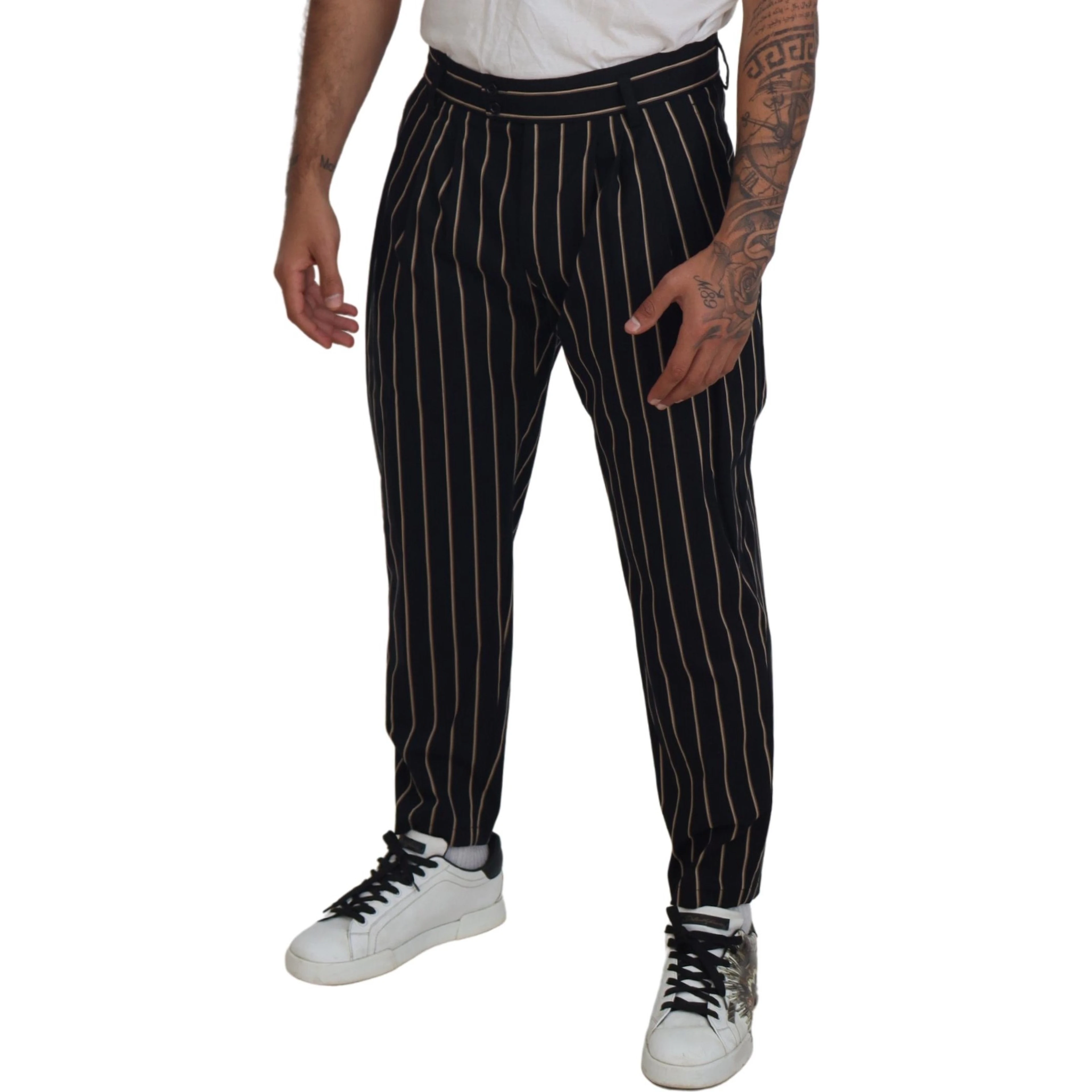 Black Beige Striped Cotton Stretch Pants