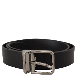 Black Casual Calf Leather Logo Metal Buckle Belt