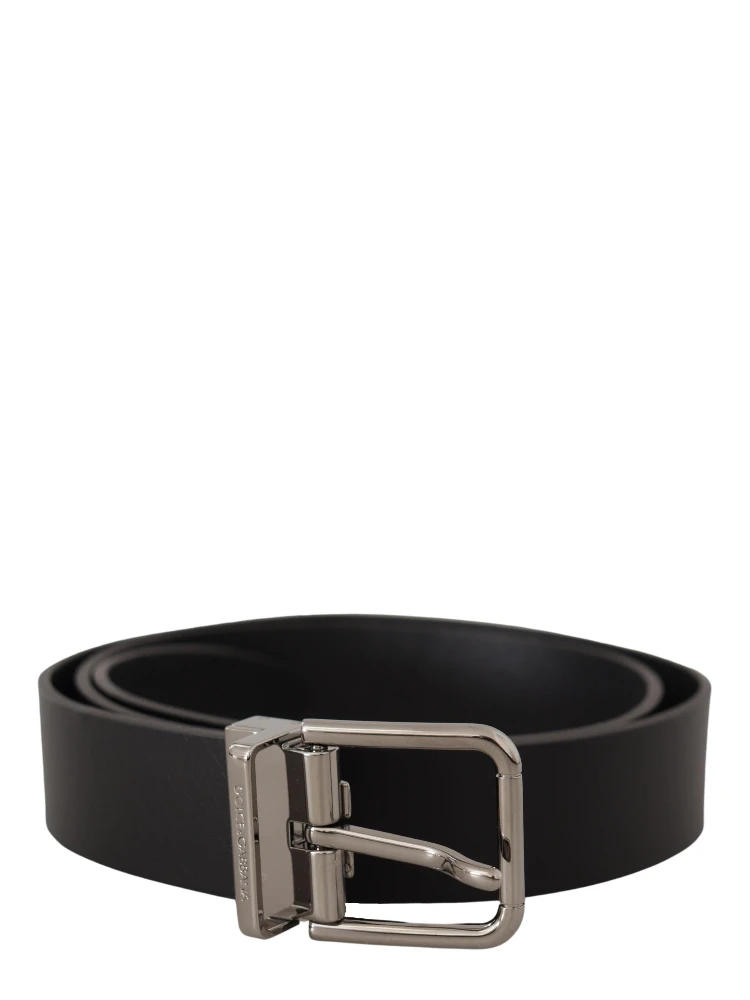 Black Casual Calf Leather Logo Metal Buckle Belt