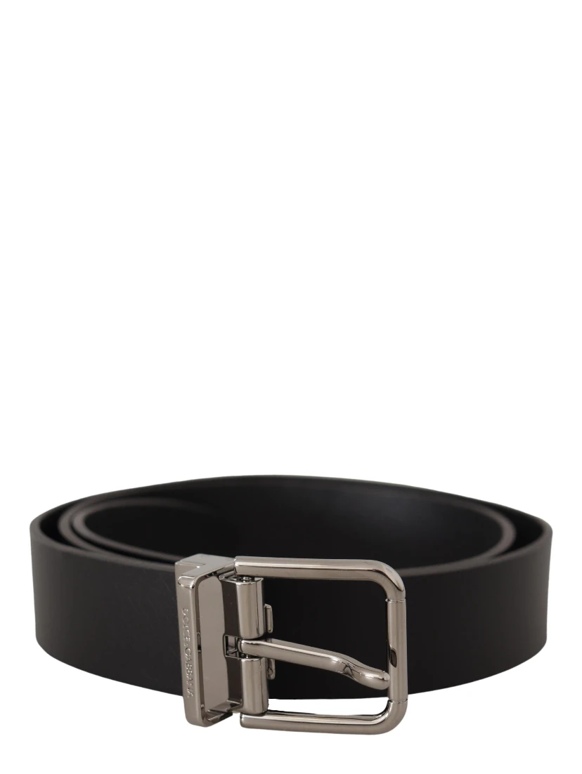 Black Casual Calf Leather Logo Metal Buckle Belt
