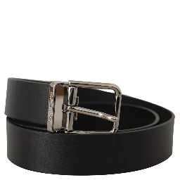 Black Casual Calf Leather Logo Metal Buckle Belt