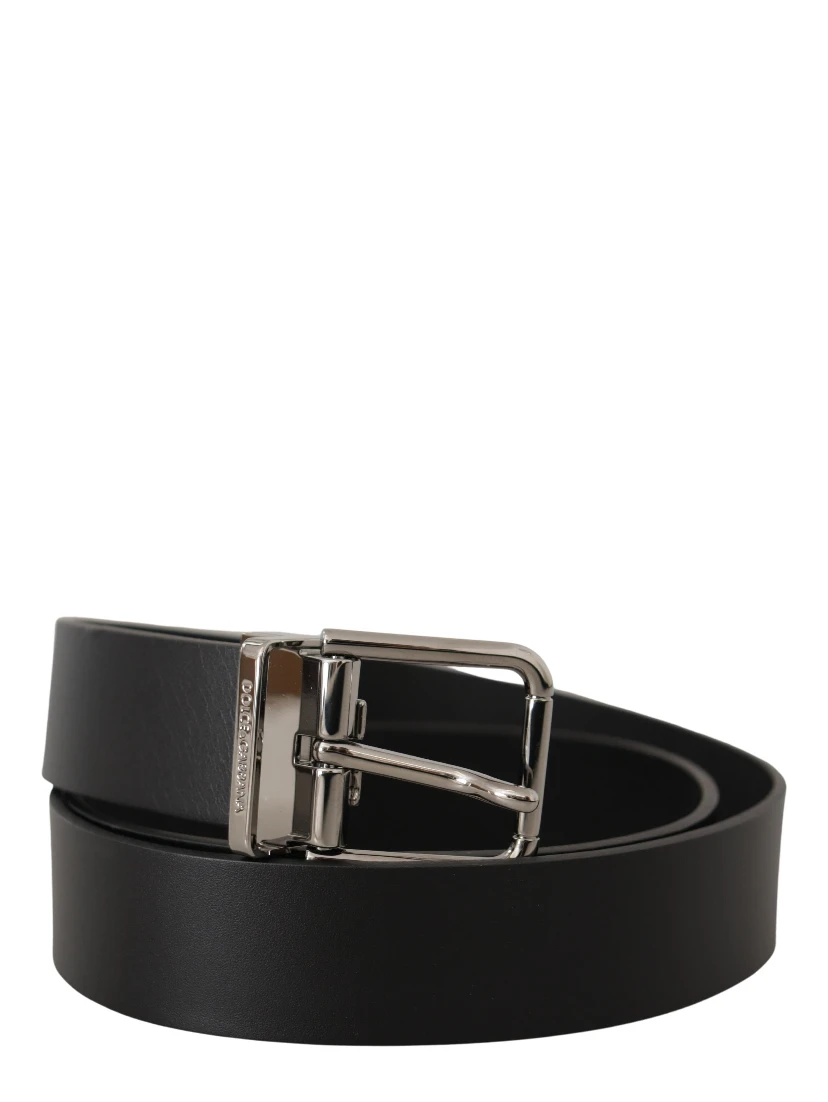 Black Casual Calf Leather Logo Metal Buckle Belt