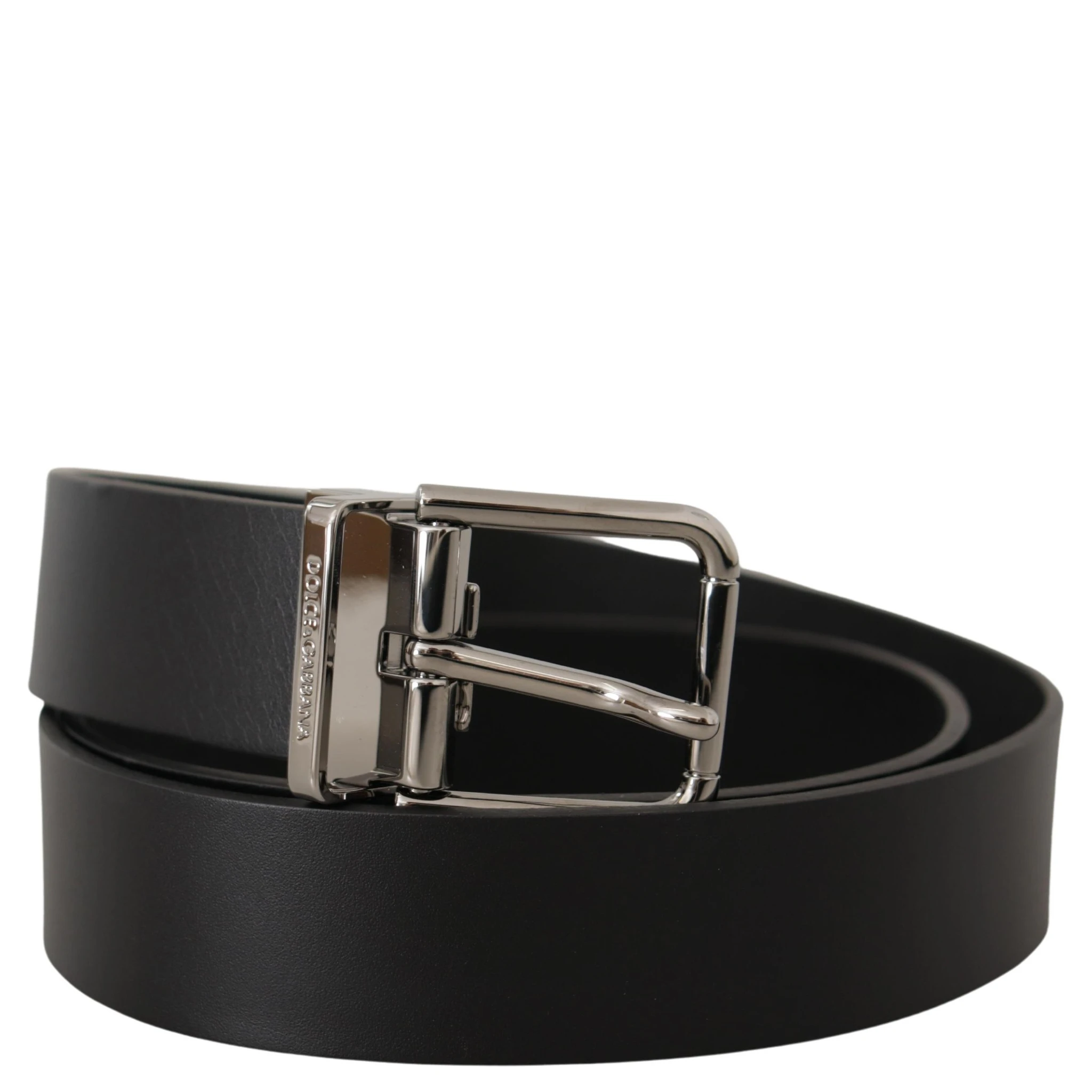 Black Casual Calf Leather Logo Metal Buckle Belt