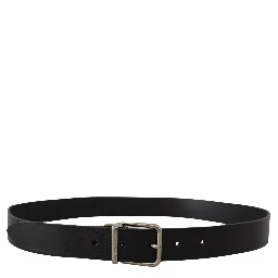 Black Casual Calf Leather Logo Metal Buckle Belt