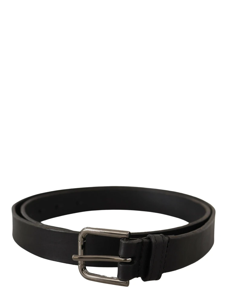 Black Calf Leather Logo Engraved Metal Buckle Belt