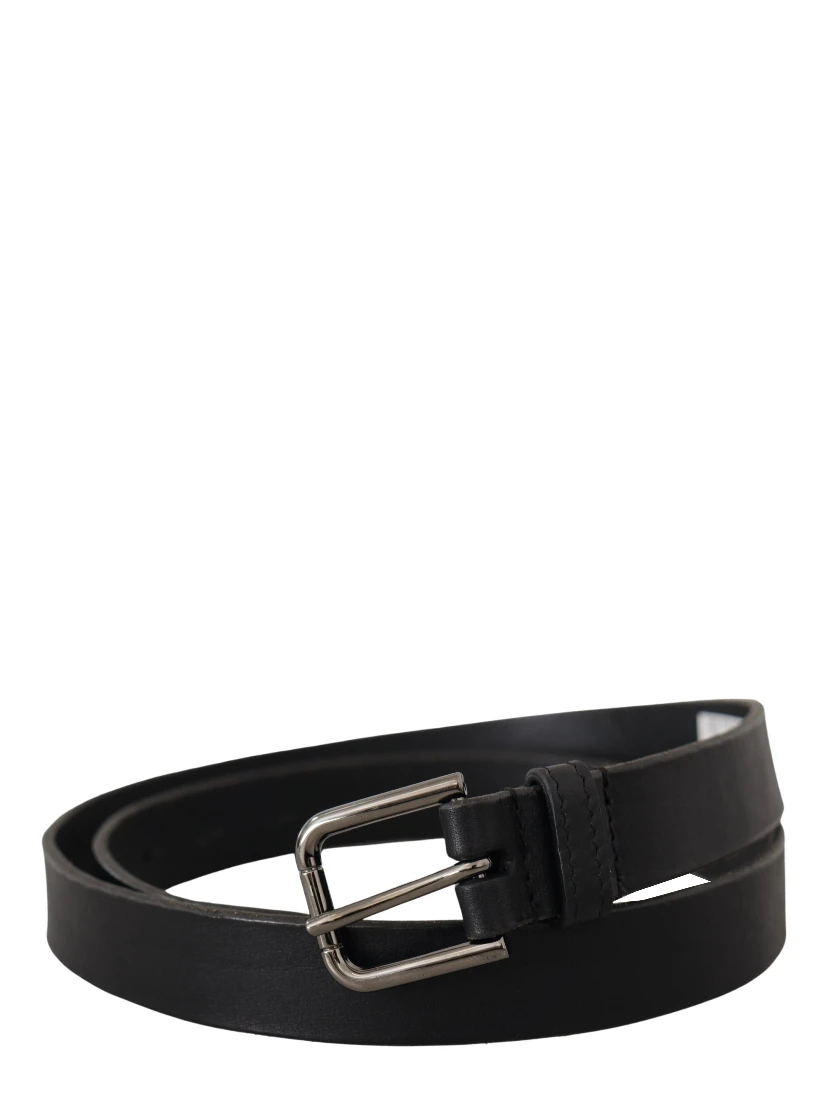 Black Calf Leather Logo Engraved Metal Buckle Belt