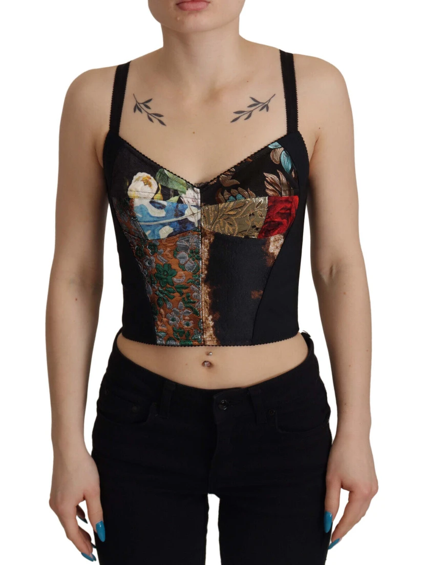 Black Patchwork Sicily Blouse Corset Cropped Top