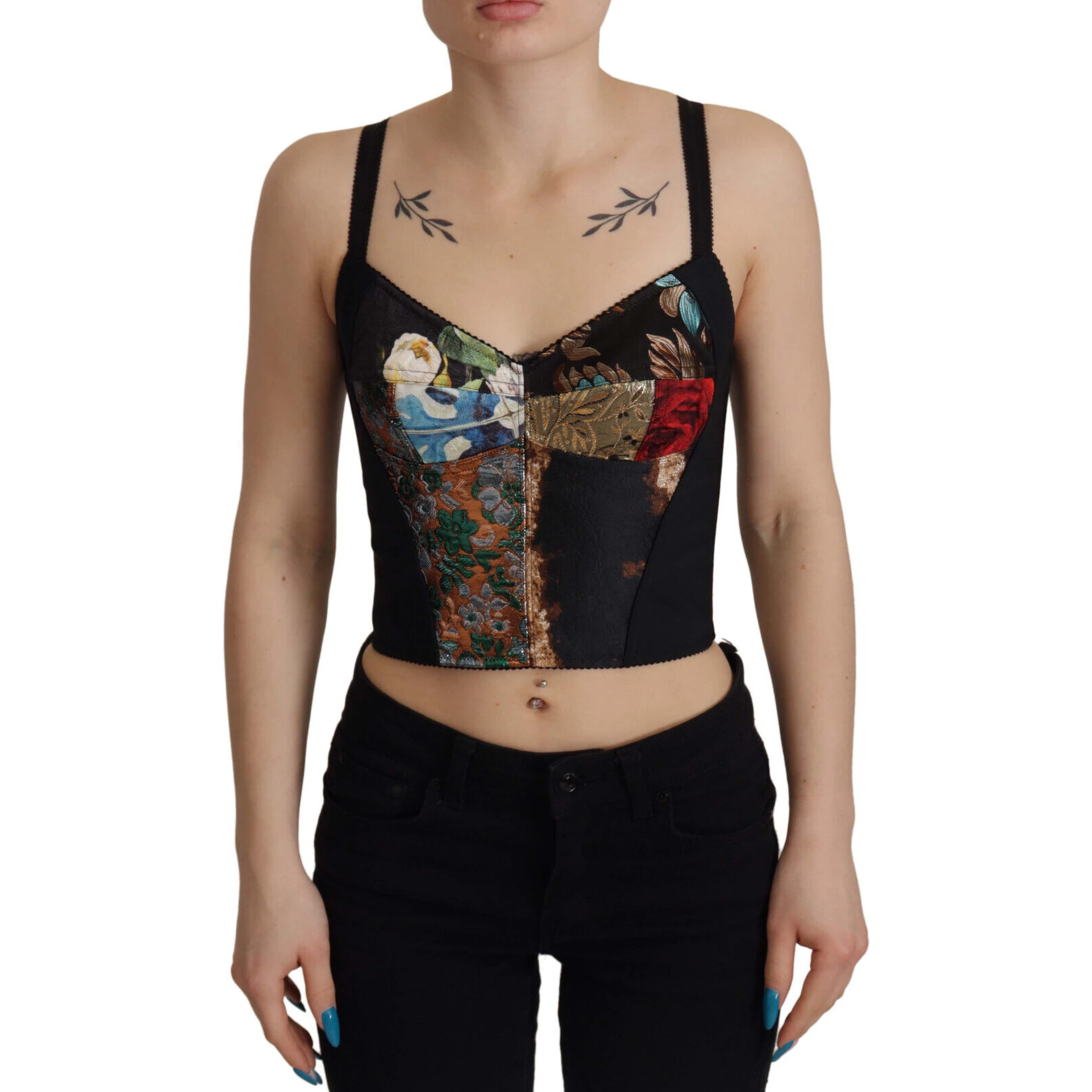 Black Patchwork Sicily Blouse Corset Cropped Top