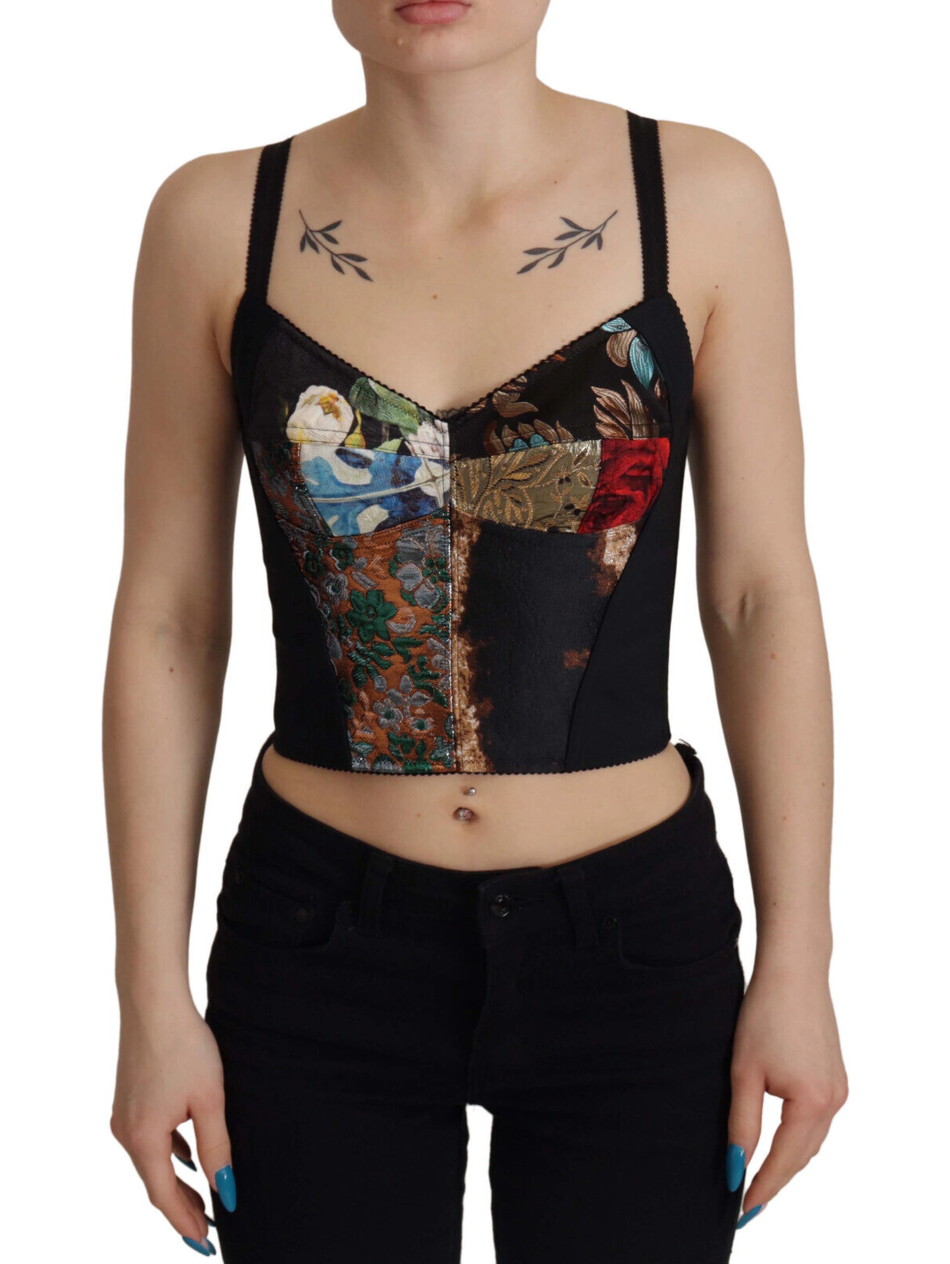 Black Patchwork Sicily Blouse Corset Cropped Top