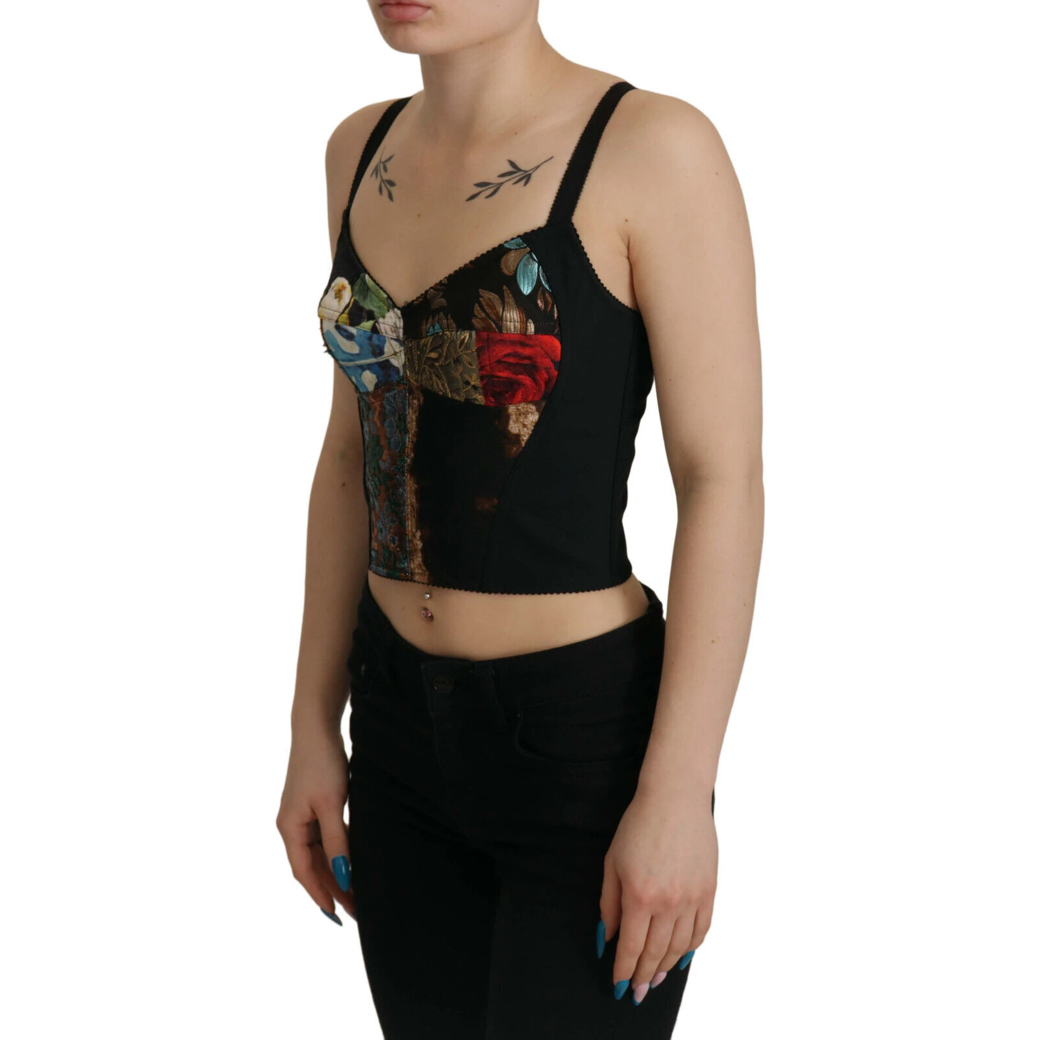 Black Patchwork Sicily Blouse Corset Cropped Top