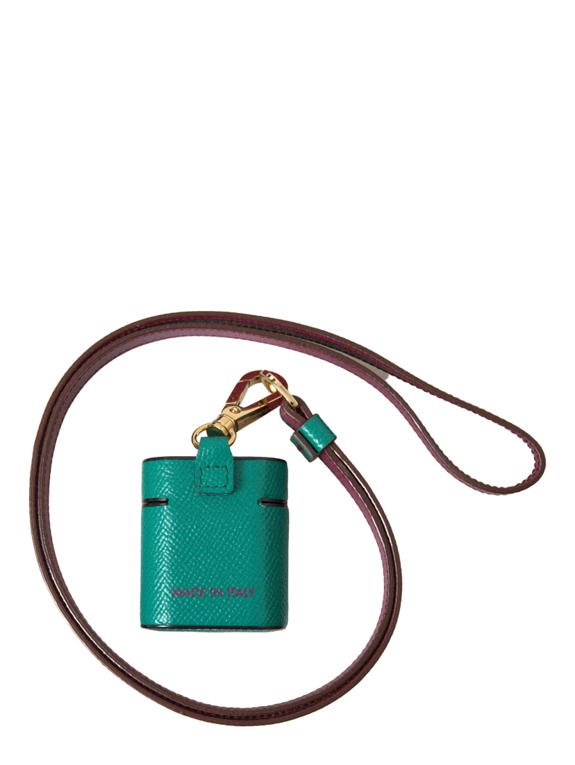 Green Maroon Calf Leather Logo Print Strap Airpods Case